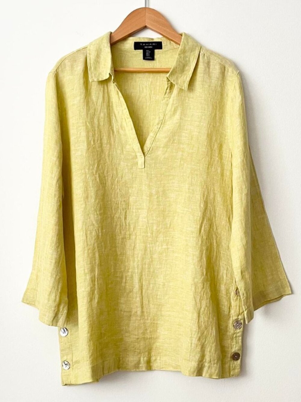 Tahari Women's 100% Linen Blouse Top Size S Yellow Green 3/4 Sleeve Resortwear